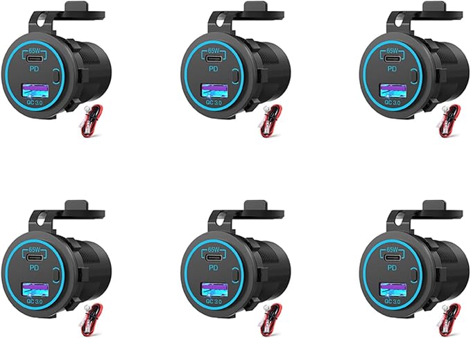 6X 65W PD 12V USB Outlet for Laptop USB C Car Charger Socket Multi Port Outlet Waterproof Adapter for Car Boat Truck