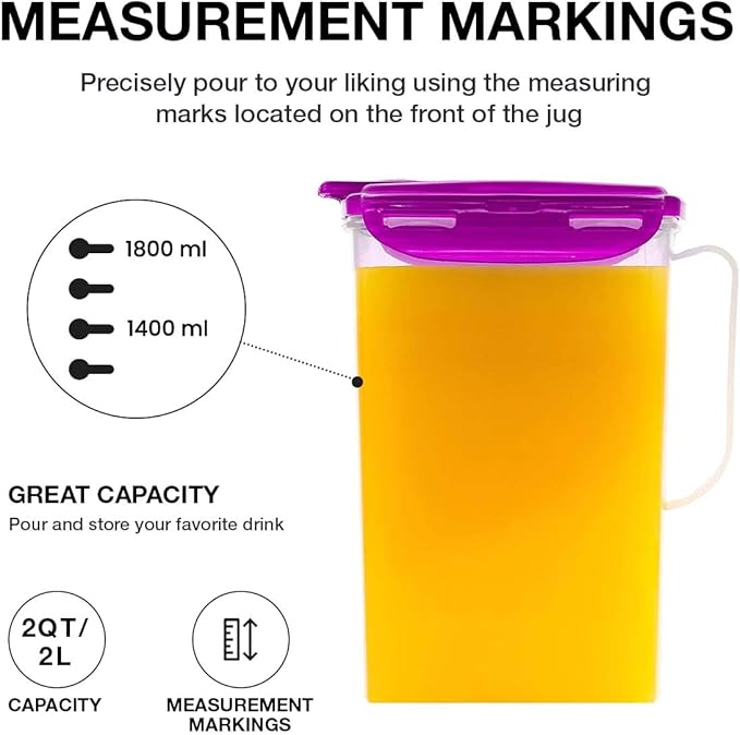 LocknLock Aqua Fridge Door Water Jug with Handle BPA Free Plastic Pitcher with Flip Top Lid Perfect for Making Teas and Juices, 2 Quarts, Purple