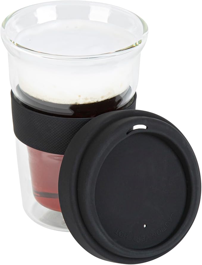 Restaurantware Glass Travel Mug 1 Count 14 Ounce Double Wall Borosilicate Reusable Coffee Cup, Spill-Resistant Black Silicone Lid, Clear Drinkware Mug for Hot and Cold Beverages