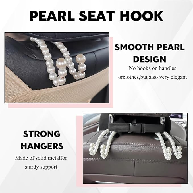 2PCS Elegant Pearl Car Seat Headrest Hook, Purse Hook for Car, Multi-Functional Automotive Rear Seat Hangers, Auto Interior Accessories Cute Vehicle Backseat Storage Hanger for Women Girls