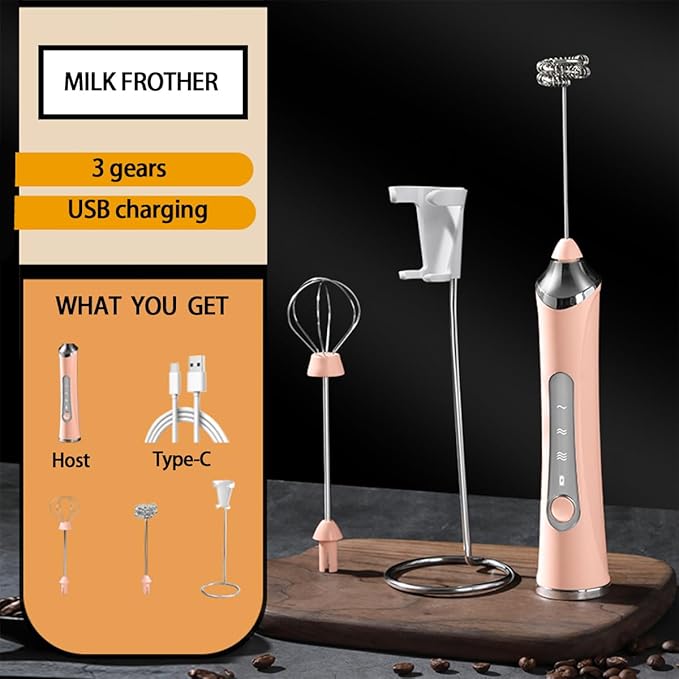 Rechargeable Milk Frother Handheld For Coffee,3 Speeds Frother Wand With Stand, Batidora De Mano Electrica,Coffee Frother With 2 Heads,Drink Mixer Electric Handheld,Kitchen Essentials (Pink 1)
