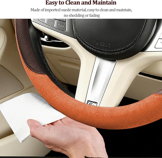 HZEL Car Steering Wheel Cover, Non-Slip Suede Leather Breathable Vehicle Steering Wheel Protector with Inner Ring, Automotive Interior Protective Accessories, Universal Fit (Amber Orange)