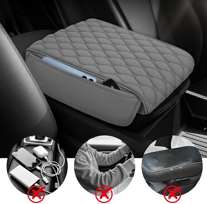 Upgraded Car Center Console Cover, Armrest Cover for Car, Waterproof Leather Auto Armrest Cover Protector with 2 Pocket, Comfortable Arm Rest Box Cushion Pad for Vehicles, Trucks (Grey)
