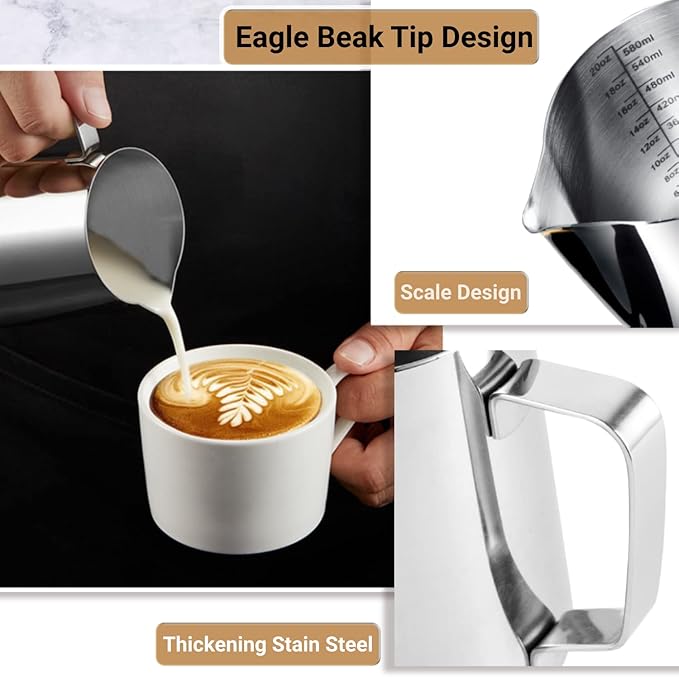 Milk Frothing Pitcher, 600ml (20oz) Milk Frother Cup Stainless Steel Jug Steaming Pitcher, Milk Coffee Cappuccino Latte Art Barista Steam Pitchers Milk Jug Cup with Decorating Pen