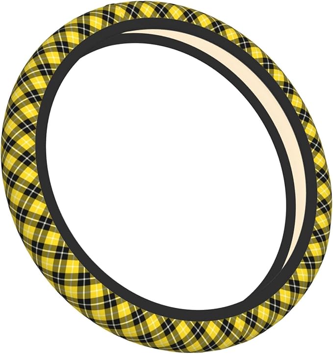 Thickened Elastic Steering Wheel Cover, Barclay Clan Tartan Yellow and Black Plaid Ultra, Soft, Breathable, Fit for Cars, SUVs, Trucks, Stylish Comfortable Grip