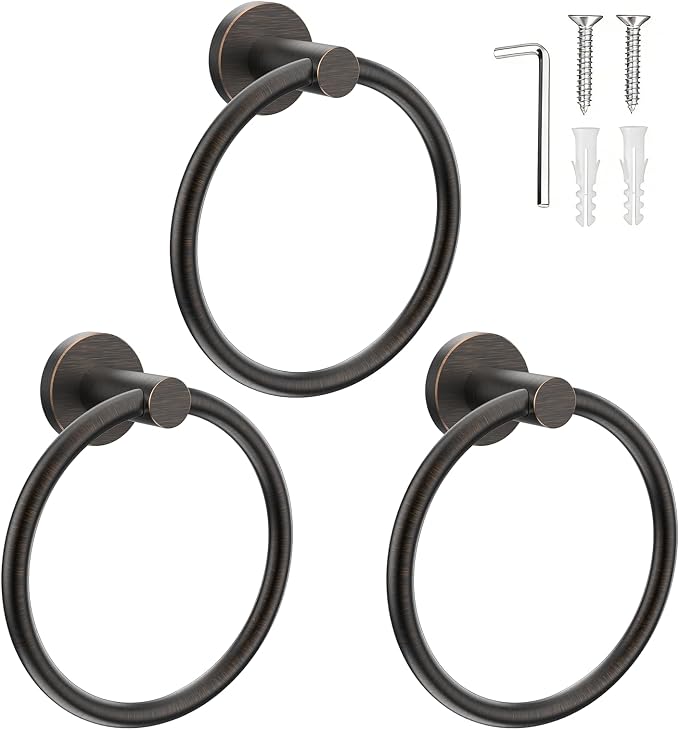SetSail Towel Holder Stainless Steel Towel Ring for Bathroom Wall Screw-in Hand Towel Holder 3 Packs Towel Hanger for Bathrooms Oil Rubbed Bronze