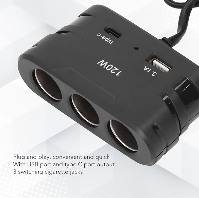 Tyenaza Cigarette Lighter Plug Splitter Adapter 1 to 3 3 Socket Multi Port Power Plug Car Charger TYPE C with USB 12V 24V 120W