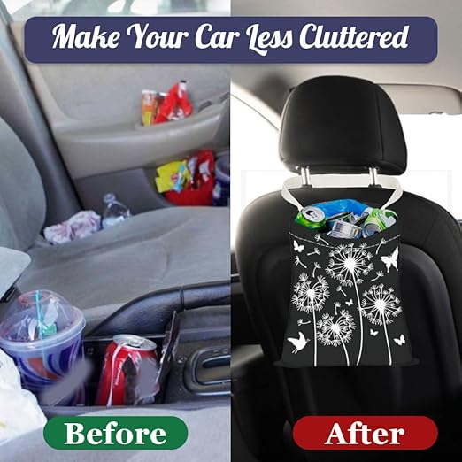 Dandelion Print Car Trash Bag Hanging Garbage Bag with Snap Buttons Car-Back Seat Trash Storage Portable Dustbin for Car Interior Accessories Travel Camping