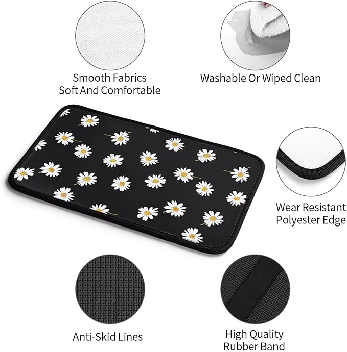 Floral Daisy Car Center Console Cushion Pad Cute Wildflower Armrest Box Cover Protector Black Comfortable Car Decor Accessories Fit for Most Cars, Vehicles, Sedans Vans Truck SUV