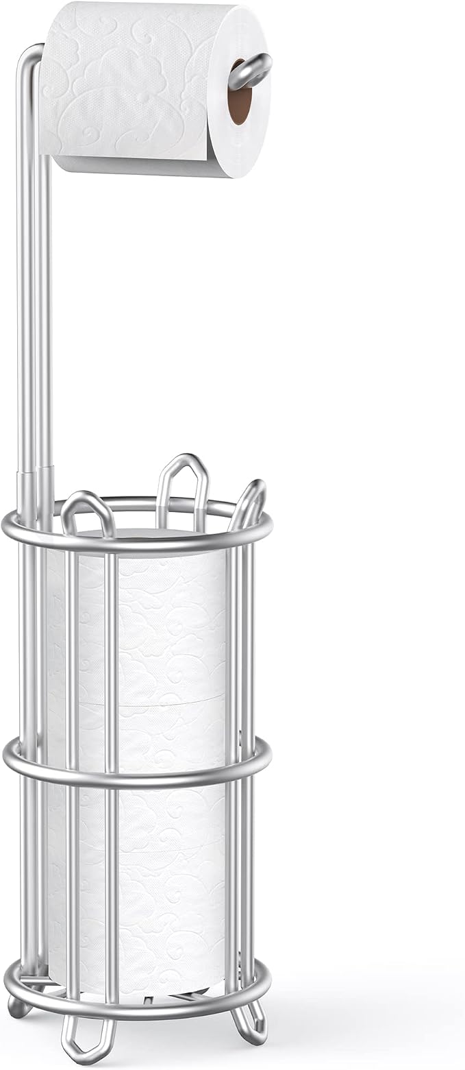 Meangood Toilet Paper Holder Stand and Tissue Paper Roll Dispenser for 4 Mega Rolls, Bathroom Free Standing Tissue Roll Storage Holder Rack, Metal Wire Silver