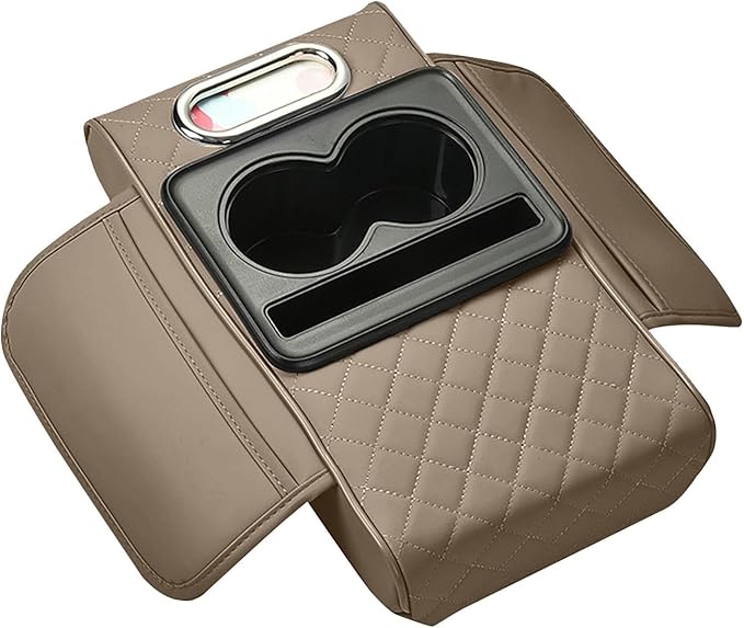 Car Armrest Cushion, 5-in-1 Center Console Cover with 2 Storage Bags Cup Holder Tissue Box Slot, Car Center Console Cover Pad Car Armrest Box Cover for SUV Truck (Khaki)