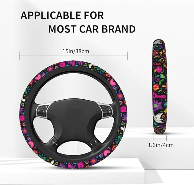 Retro Flower Peace Rainbow Love Steering Wheel Cover Elastic Non-Slip Car Steering Wheel Covers with Seat Belt Shoulder Pad for Women Men