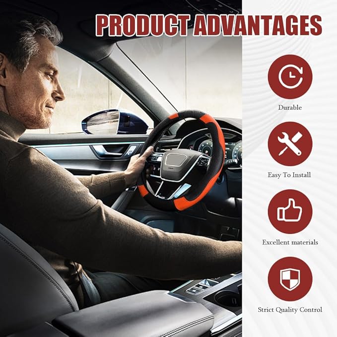 Car Steering Wheel Cover, Steering Wheel Protector, Universal 14.5-15 Inch Microfiber Leather Breathable Auto Steering Wheel Covers, Carbon Fiber Steering Wheel Cover for Women Men (Orange)