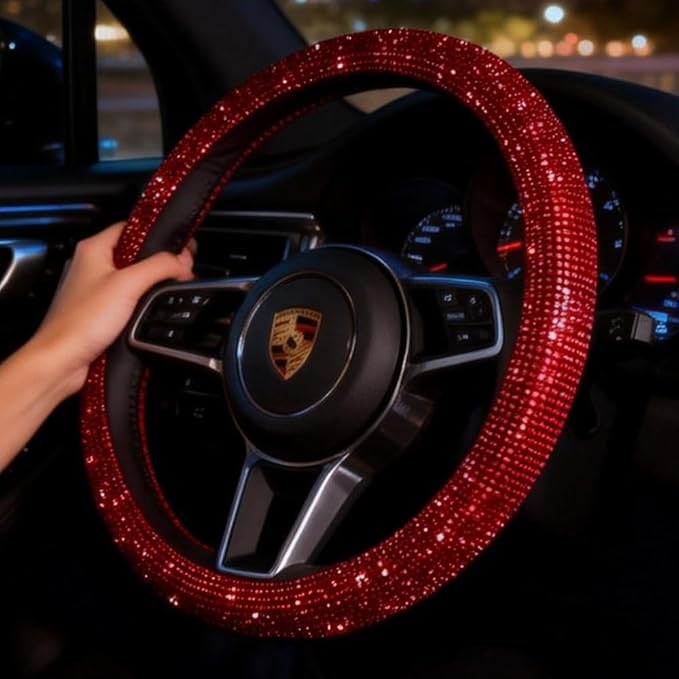 Car Bling Steering Wheel Cover for Women Girls Burgundy 15 Inch Universal Red Crystal Rhinestone Diamonds Bling Bling Accessories Anti-Slip Wheel Protector