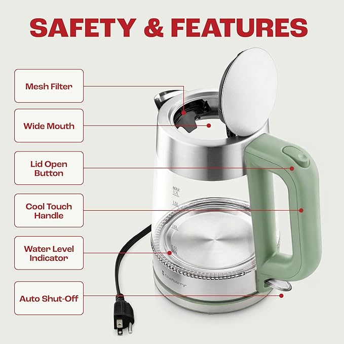 Electric Kettle for Boiling Hot Tea & Water | 1.7L Stainless Steel Borosilicate Glass Boiler With No Plastic, Automatic Shutoff, BPA Free, Fast Heating Technology (Green)