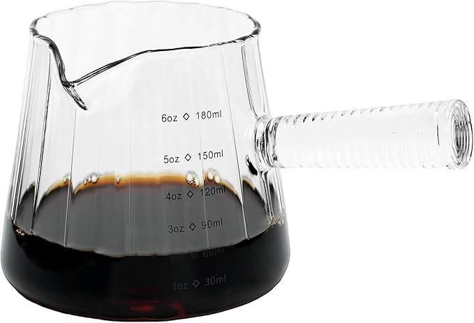 FANTESTICRYAN 6OZ Measuring Cup, Ribbed Borosilicate Glass Espresso Cup, V-Shaped Spout Drain Espresso Double Shots, Coffee Milk Tea Accessories (Clear, Glass Handle)