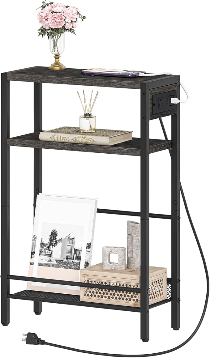HOOBRO Small Narrow Side Table with Charging Station, Skinny End Table for Small Spaces, Slim Nightstand with USB Ports Outlet, Sofa Beside Table with Storage Shelf, Charcoal Black BC102UBZ01