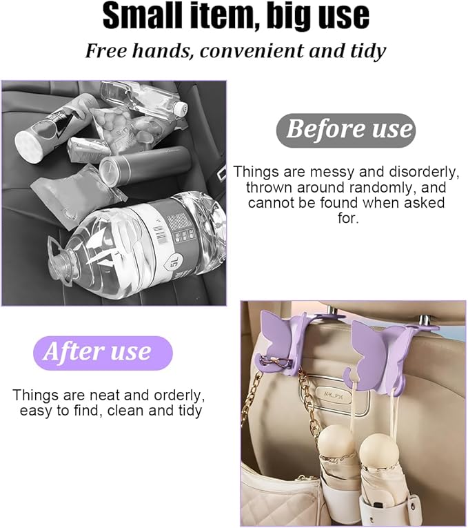 2PCS Car Seat Headrest Hook, Cute Butterfly Backseat Storage Hanger Organizer for Purse Handbag Umbrella, Auto Interior Seat Back Hook Holder Decor, Universal for SUV Truck Van (Purple)