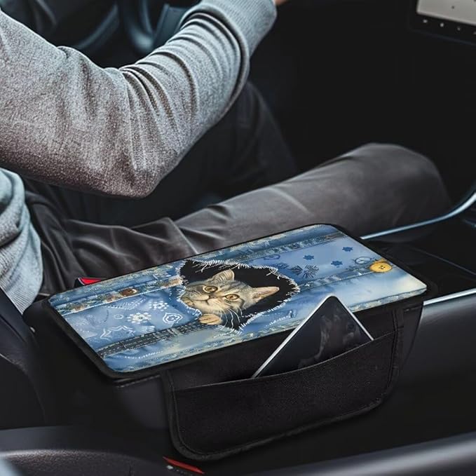 Boatee Cat Console Cover for Car Arm Rest Cover Center Console Cushion for Car Armrest Mat for Car Accessories Auto Console Organizer Armrest Storage Box Pad Middle Console Cover Blue