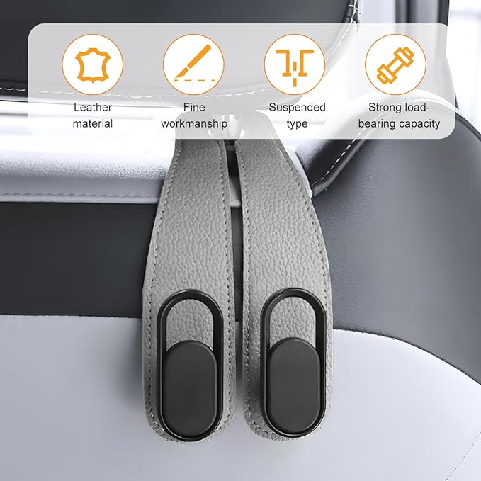Car Seat Headrest Double Hook, 2PCS Multifunctional Soft Leather Vehicle Purses & Bags Holder, Hidden Design Automotive Interior Storage Hanger, Universal for SUV, Truck, RV (Grey)