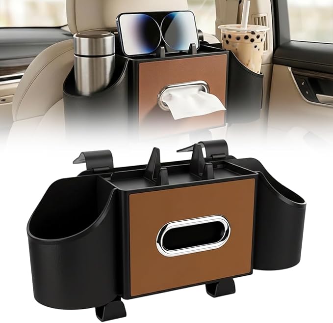 4-in-1 Car Backseat Organizer with Cup Holder, 2026 Upgraded Multifunctional Car Back Seat Organizer with Tissue Box, Trash Bin & Hooks for Hold Phones, Snacks, Drinks, and Handbags (Brown)