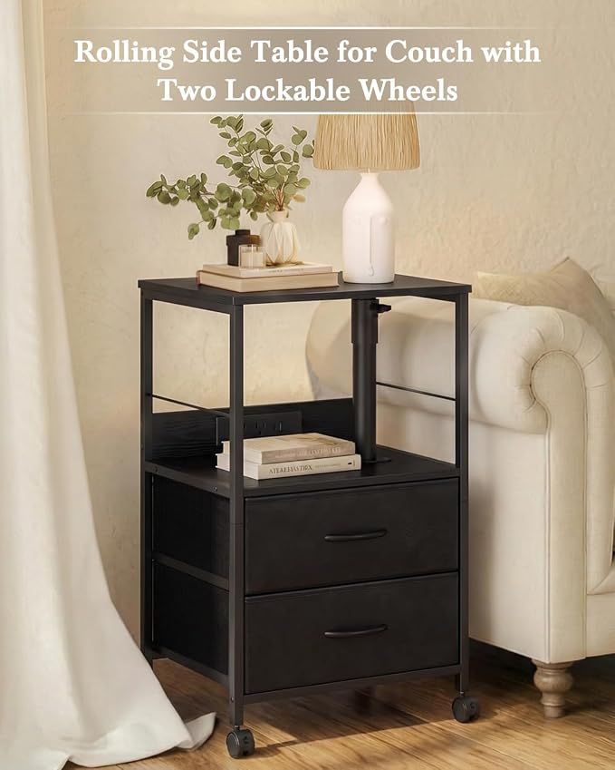 Faesun Swivel Lift Top Nightstand with Charging Station, Rolling Side Table for Recliner, Bedside Table with Wheels & 2 Fabric Drawers, for Small Spaces, for Bedroom, Living Room, Black