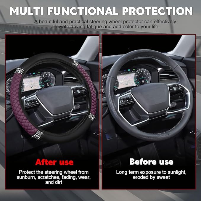 Car Steering Wheel Cover, Steering Wheel Accessories, Breathable Microfiber Leather Auto Wheels Protector, Universal 15 Inch Anti-Slip Protector for SUV Sedan Truck (Bling-Purple)