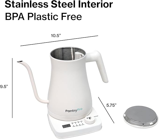 PantryPro Gooseneck Electric Kettle with Temperature Control, 34oz/1.0L Rapid Boil, Stainless Steel Interior, Auto Shut-Off, 1500W, Boil-Dry Protection, LED Indicator - White
