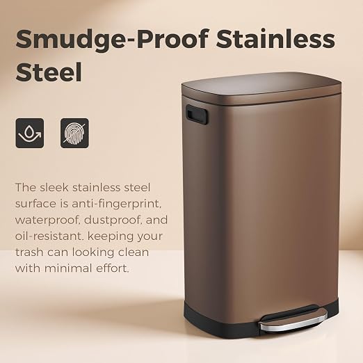 ELPHECO LPHECO Kitchen Trash Can with Lid Soft Close, 13 Gallon / 50L Stainless Steel Pedal Garbage Can, Heavy-Duty Step Wastebasket with 20 Bags, Removable Bucket, Home Office, Kitchen, Brown