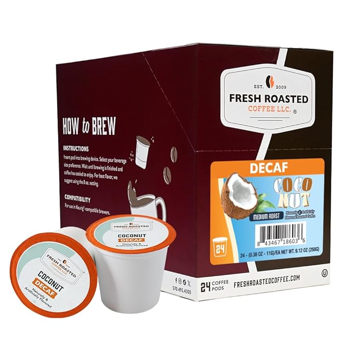 Fresh Roasted Coffee, Decaf Coconut, Flavored Coffee Pods, 24 Count