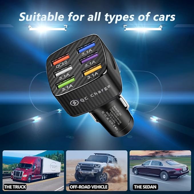 Fast Charging 6 Ports Car Phone Charger Adapter,QC3.0/3.1A Type Smart Shunt Cigarette Lighter USB Charger Compatible with iPhone 14 13 12,S22 S21 S20,iPad Pro& All Mobil Phone (Black)