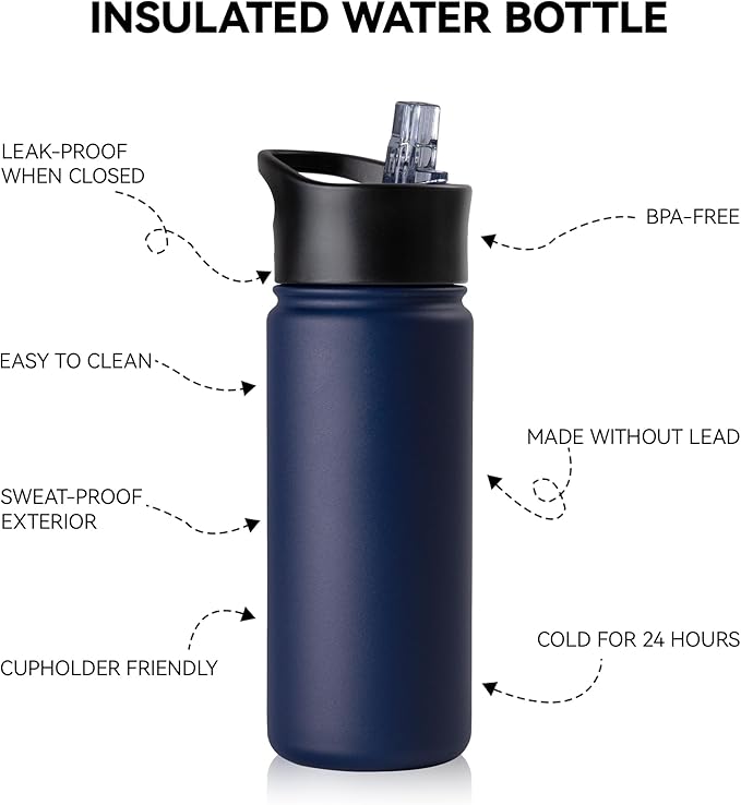 16 oz Insulated Water Bottle Bulk 8 Pack, Straw & Spout Lid, Keep Cold 24H, Spill Proof, BPA-Free, Double Wall, Stainless Steel Kids Water Bottles for School, Sports, Navy Blue