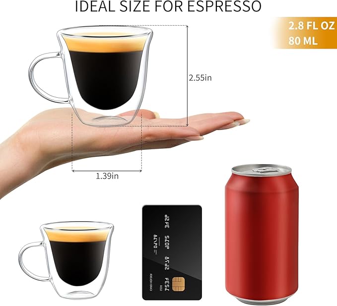 ONEDONE Small Espresso Cups Set of 4 - Double Walled Glass Espresso Shots Cup 2.8 OZ Thermo Insulated Glass Cups with Handle Clear Demitasse Cup for Expresso Machine