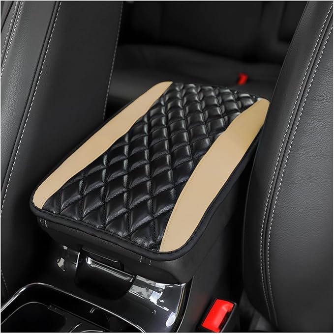 Car Center Console Pad, Universal Waterproof Armrest Seat Box Cover, 12.6" x 7.5" PU Leather Auto Armrest Protector, Car Interior Accessories Decor for Most Vehicles, Truck, SUV (Beige)
