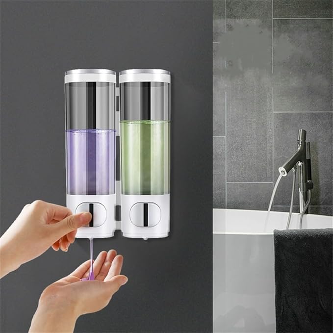 Wall Mounted ABS Soap Dispenser with 300ML Pump Bottle for Shower Gel, Shampoo and Conditioner, Punch-Free Bathroom Organizer(Double Bottles)