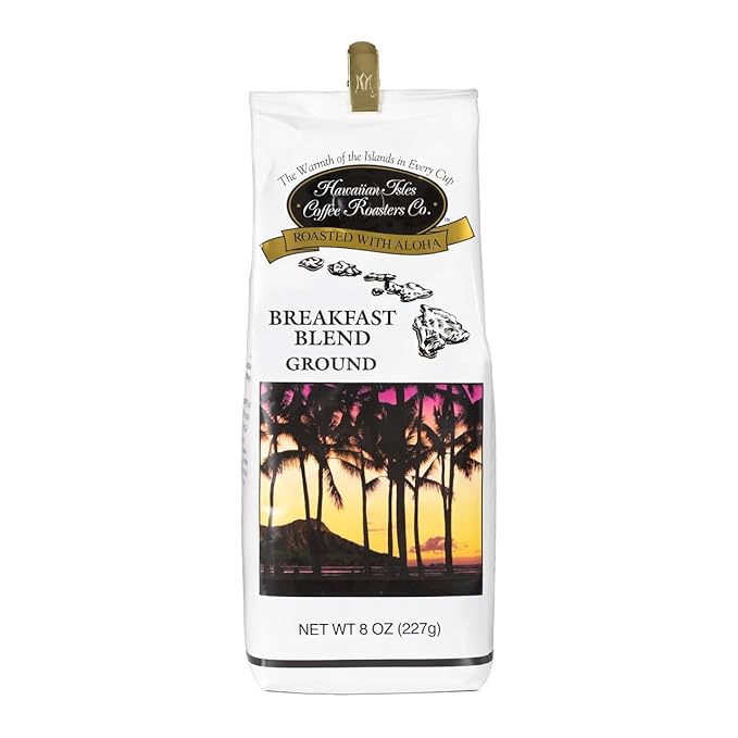 Hawaiian Isles Coffee Breakfast Blend, Light Roast Ground Coffee, Roasted with Aloha - 8 Ounce Bag
