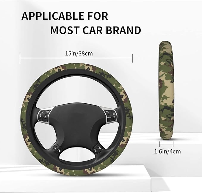 Green Camo Camouflage Steering Wheel Cover for Women Men with 2 Pcs Car Coasters, Universal 14.5-15 Inch Rainbow Steering Wheel Covers Non-Slip Car Accessories for Girls