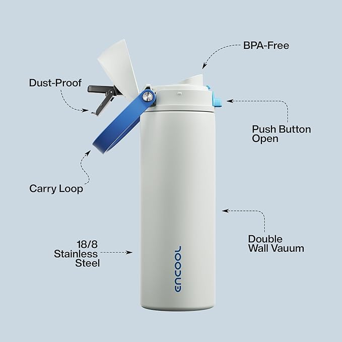 Insulated Water Bottle with Straw - Encool Stainless Steel Water Bottle with Push Button Lid, Leak-Proof & BPA-Free, Keeps Cold for 24 Hours for Sports, Travel, Gym (24 oz, Quill Grey-Blue)