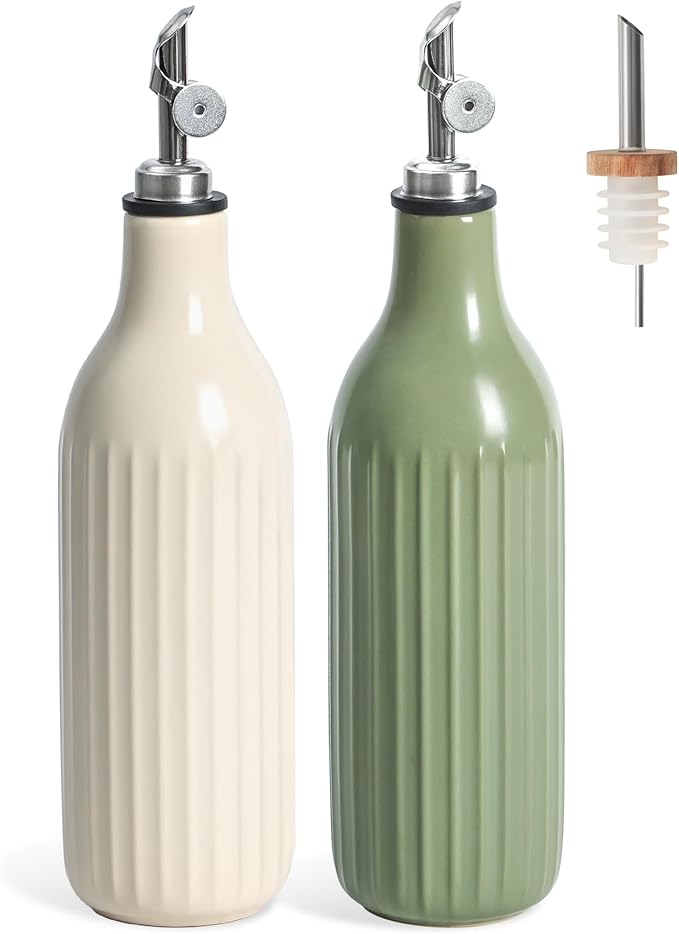 FE FUN ELEMENTS Olive Oil Dispenser Bottle, 19 oz Oil Dispenser for Kitchen and Vinegar Dispenser Bottle, Suitable for Vinegar, Coffee Syrups & Other Liquids, White and Green Set of 2