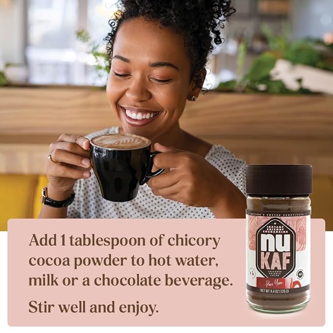 nuKAF By Gourmanity Instant Chicory Coffee Alternative with Cocoa, Brews Like Regular Coffee, Chicory Root Powder Great for Your Daily Drink, Rich in Prebiotics, Kosher, 3.5oz jar (Pack of 2)