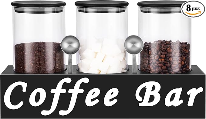 ZOMUIA Glass Coffee Containers Airtight Coffee Bean Storage Jars with Shelf, 3Pcs 44oz Coffee Station Organizer Coffee Canisters, Kitchen Food Storage Jars for Sugar, Candy, Oats, Nuts (BLACK)