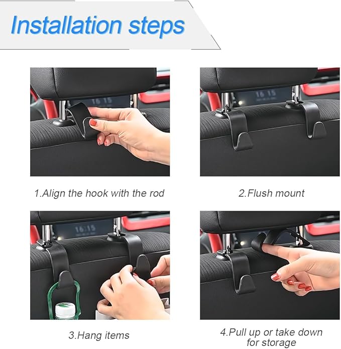Hanemia 4PCS Car Seat Headrest Hooks, Auto Back Seat Hanger Holder, Durable Stylish Vehicle Organizer Universal Car Interior Accessories, Storage Hooks for Purses, Bags, Clothes (Carbon Fiber/Red)
