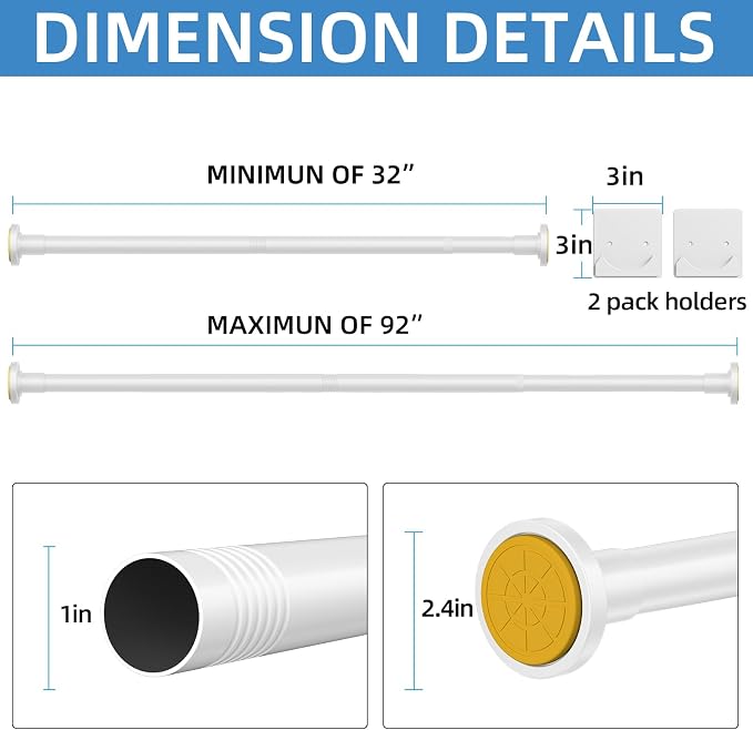 CorkLatta White Shower Curtain Rod,1 Inch Diameter Stainless Steel Adjustable Spring Tension Rods 32 to 92",with Holders,Anti-Slip,Curtain Rods No Drilling(1 Pack)