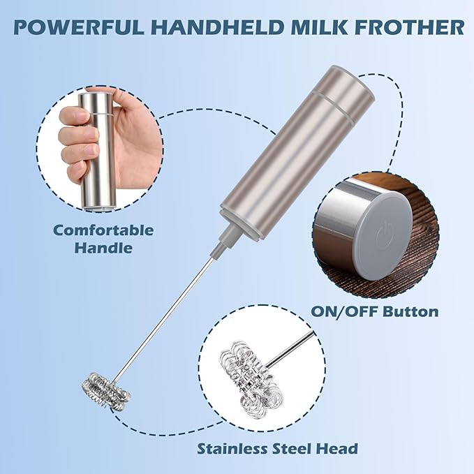 Electric Milk Frother Handheld Rechargeable with Cover-Coffee Frother Wand, Drink Mixer Handheld with 2 Detachable Stainless Whisks 2 Speed Adjustable for Latte, Cappuccino, Matcha, Egg (champagne)