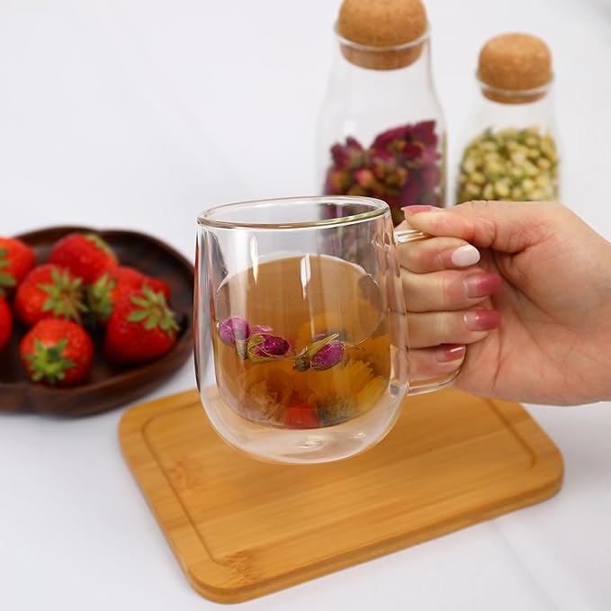 Double Wall Glass Coffee Mugs with handle - 8.45 oz Insulated Clear Coffee Mugs Set of 2, Perfect for Espresso, Cappuccino, Latte, Americano, Tea Bag, Beverage (250ml/8.45,set of 2)