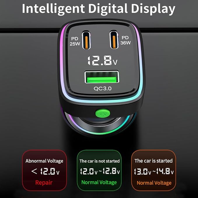 60W Fast Car Charger USB C Quick Charging Adapter PD 36W Fast Charging with Led and Voltage Display for iPhone16 15 X Samsung