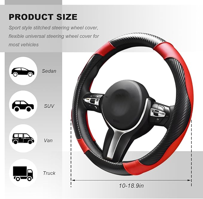 Car Steering Wheel Cover, 15 Inch Carbon Fiber Elastic Vehicle Steering Wheel Protector, Breathable Leather Auto Wheel Covers for Women Men, Interior Car Accessories (Black & Red)