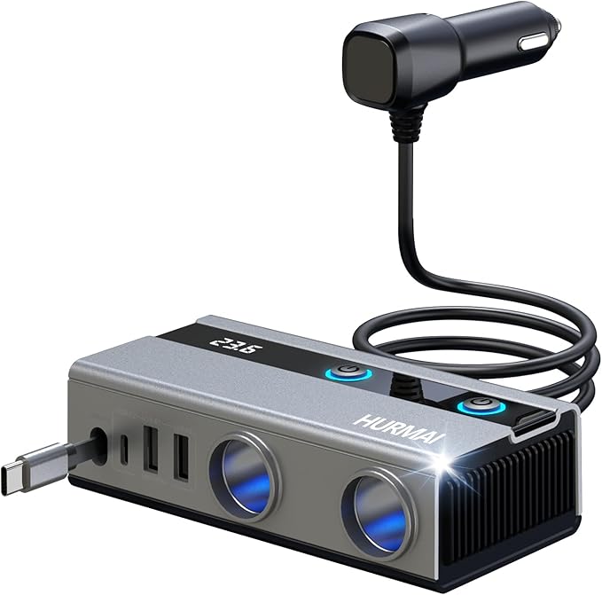 Dual Socket Cigarette Lighter Splitter Adapter with Retractable Phone Charger, 120W Heavy Duty Truck Car USB Chager Multi Port with PD/QC Charge USB C 12V/24V Independent Switches for Car Devices