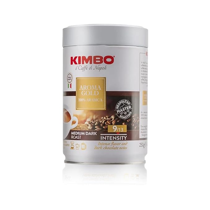 Kimbo Aroma Gold 100% Arabica Ground Coffee | Medium Dark Roast | 9/13 Intensity | Intense Flavor & Dark Chocolate Notes | 8.8 oz Can - Pack of 3