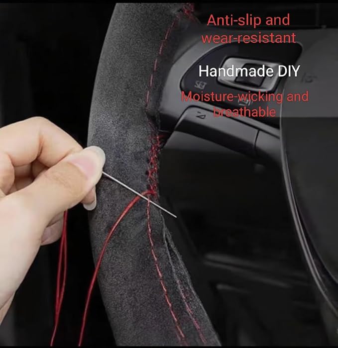 Steering Wheel Cover (Suede Leather), DIY Hand Sewn, Suitable for Both Men and Women, 15 inch Universal (Dark Blue)